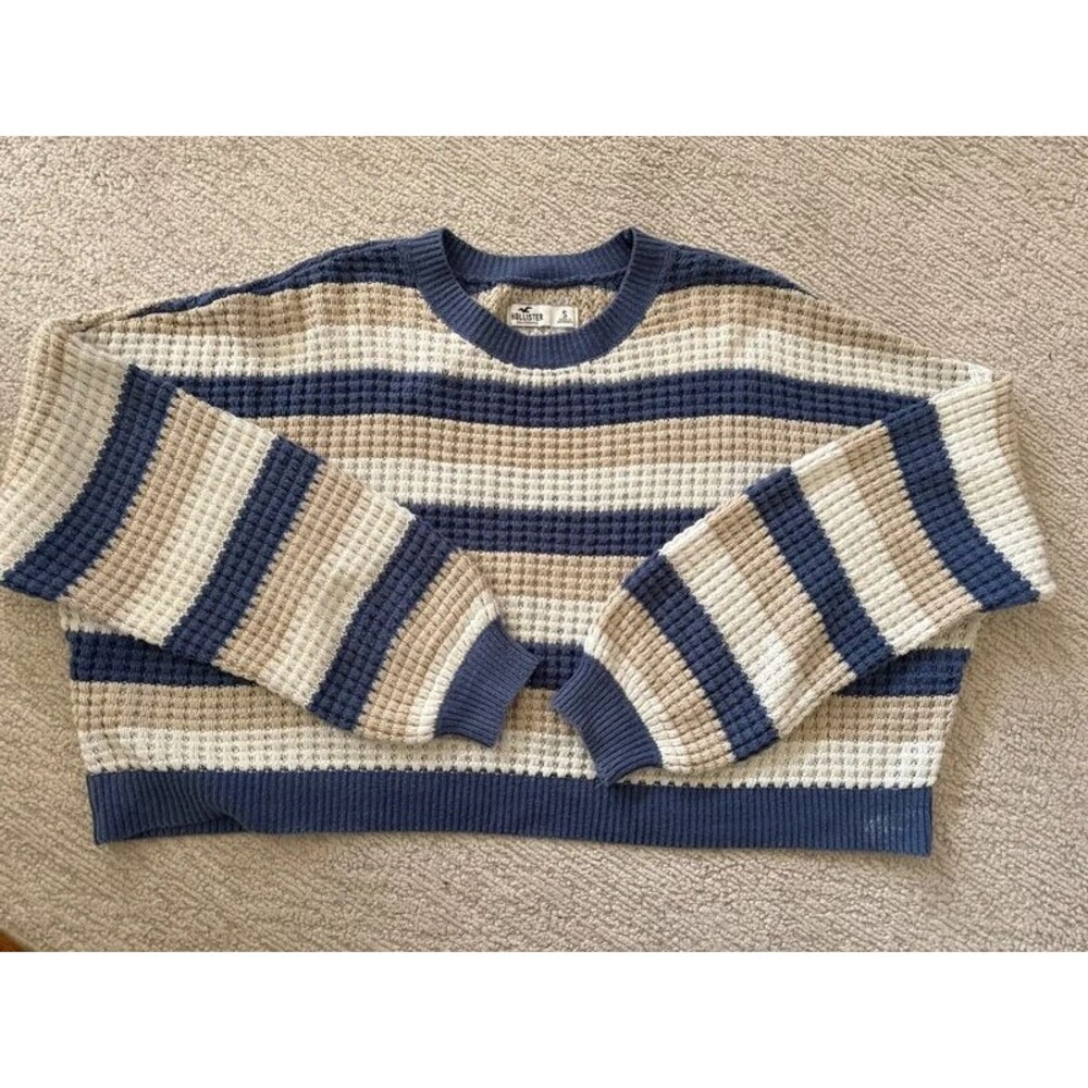 Hollister Cropped Striped Waffle Knit Sweater Junior S Navy Cream Beige Y2K
